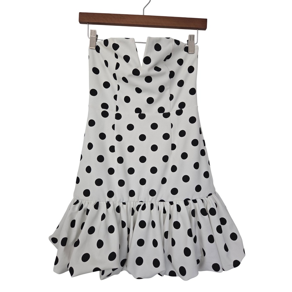 AQUA Strapless Polka Dot Bubble Hem Dress Womens XS White Black NWOT $98